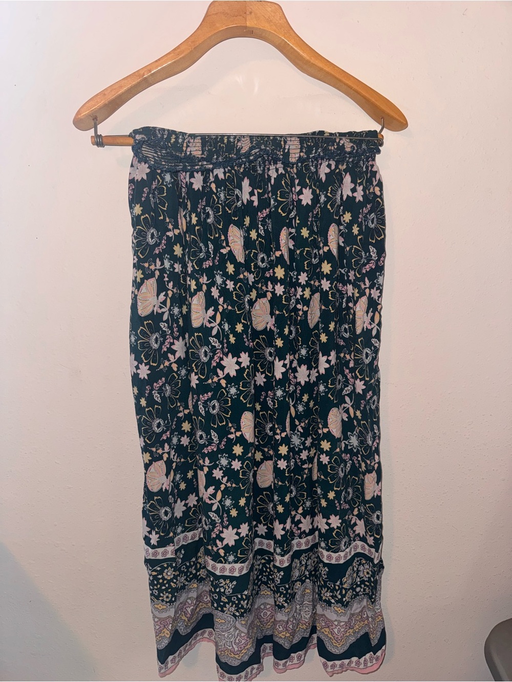 NATURAL LIFE Green Midi Skirt with Pink and Cream Floral Border